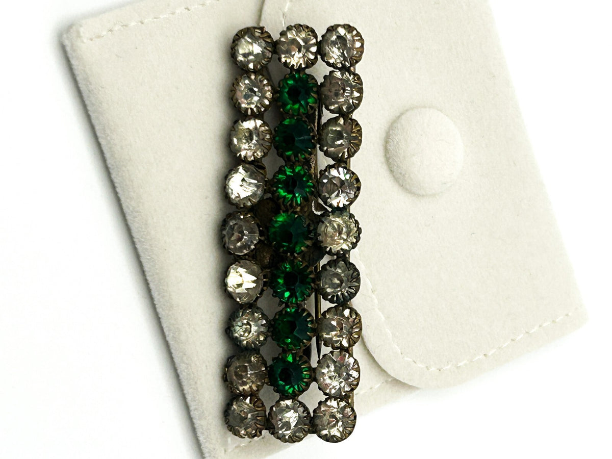 Vintage Green Rhinestone Brooch Bar Pin Clear Glass Art Deco