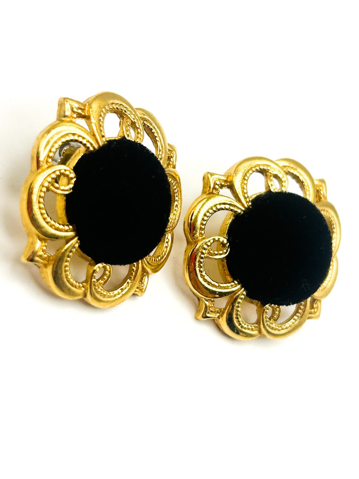 Black Velvet & Gold Tone Floral Stud Earrings – 3cm