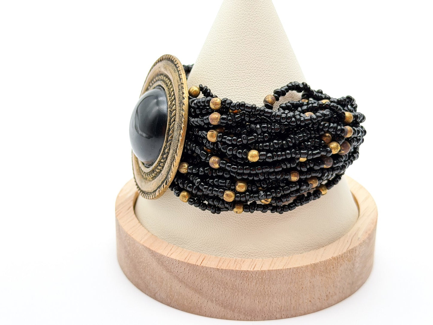 Vintage Chunky Black Seed Bead Bracelet Gold Tone Cabochon Statement Wide Cuff