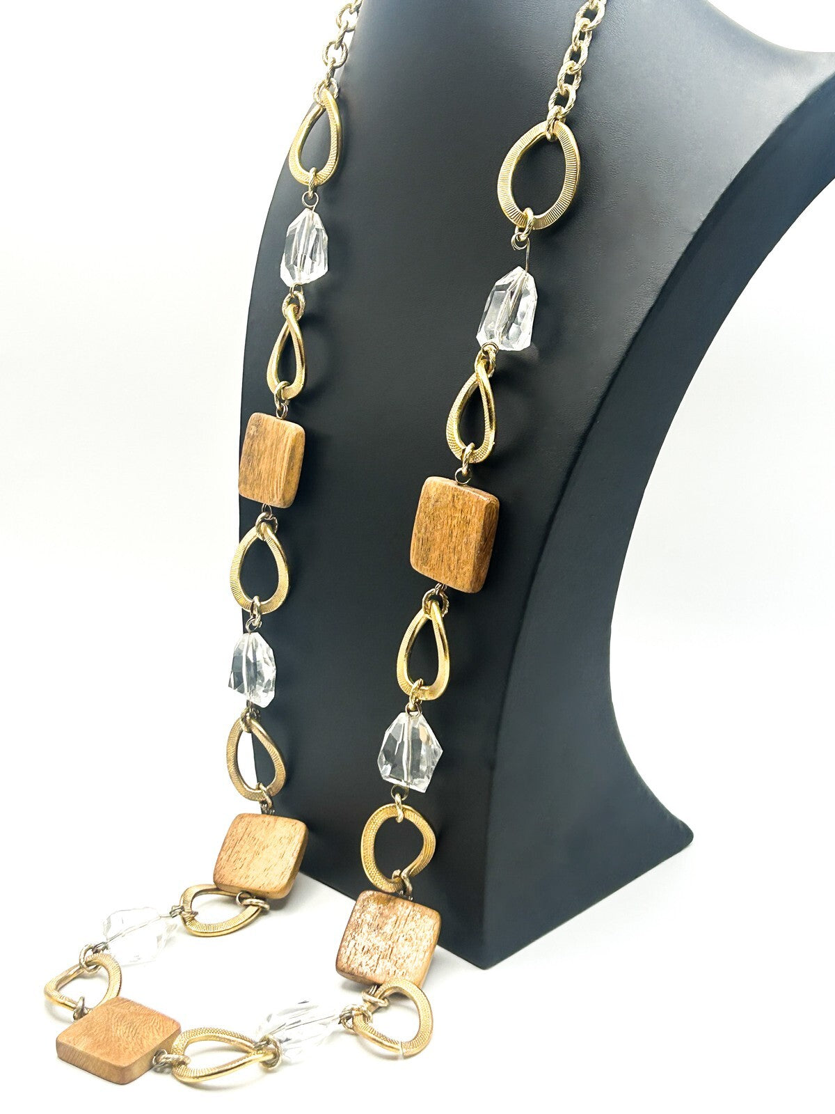 Long Linked Wood, Gold Tone & Clear Acrylic Statement Necklace