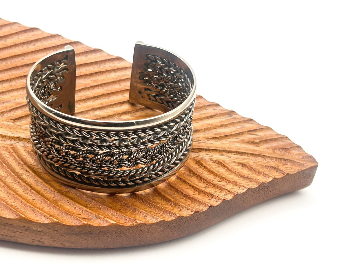 Silver Tone Woven Braid Rope Effect Cuff Bracelet Chunky Wide Adjustable Bangle