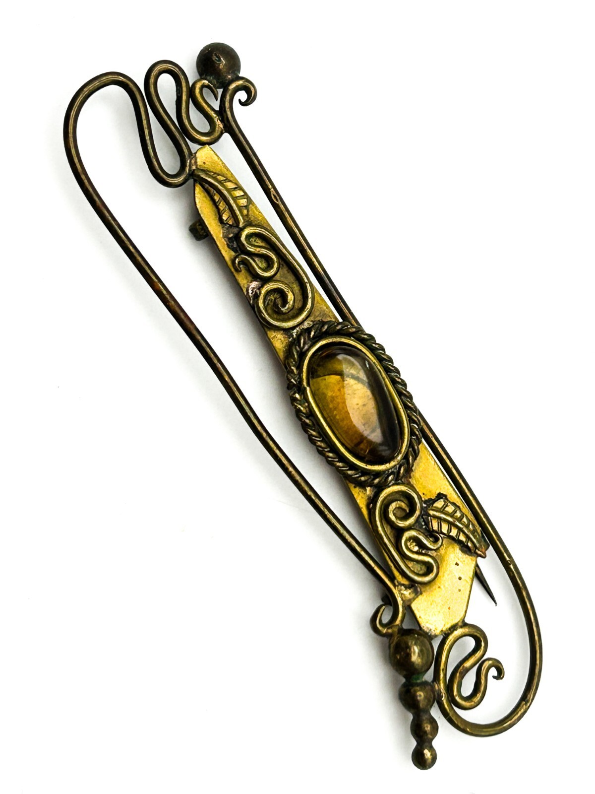 Antique Style Art Nouveau Brass Openwork Brooch Oval Glass Cabochon C Clasp