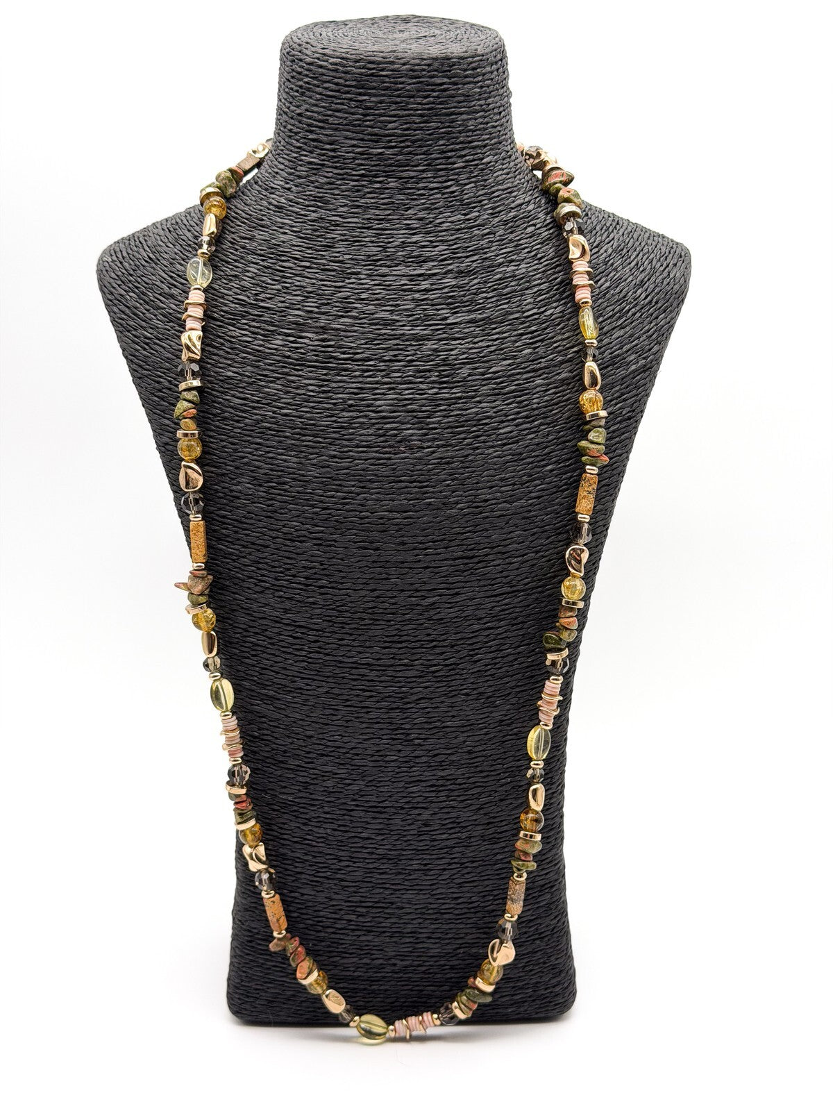 M&S Long Beaded Necklace Unakite Jasper Shell Multi Strand Earth Tone Statement