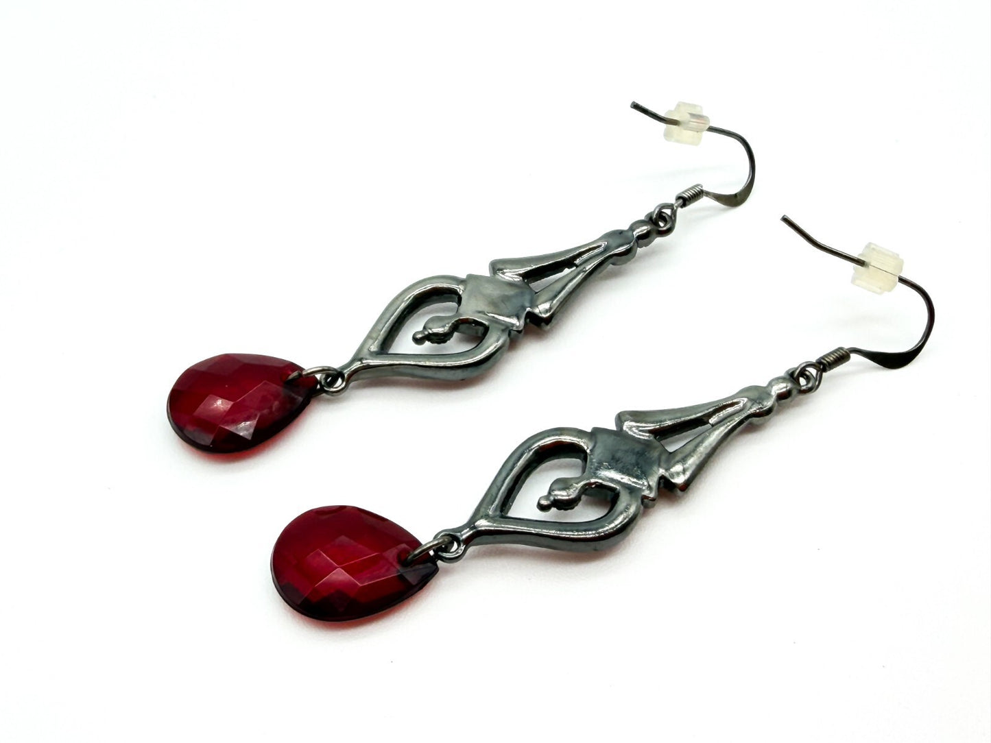Art Deco Style Gothic Red Rhinestone Drop Earrings Gunmetal Teardrop Dangle