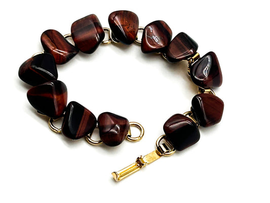Vintage Red Tiger Eye Bracelet Gold Tone Heart Link Bracelet 7.5” Articulated