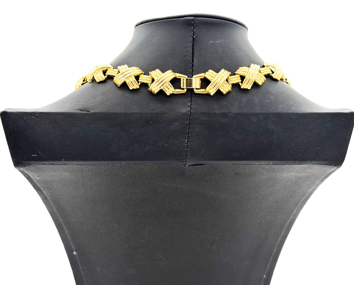 Gold Tone Ribbed X Link Articulated Statement Necklace 18” 80s Napier Inspired