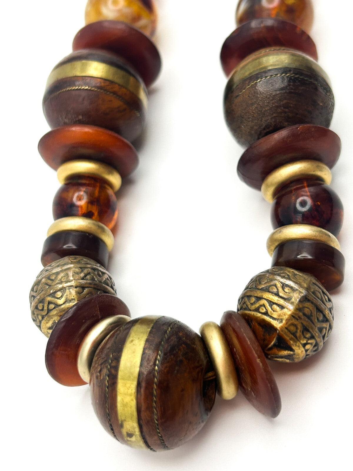 Vintage Graduated Wood & Faux Amber Beaded Statement Necklace