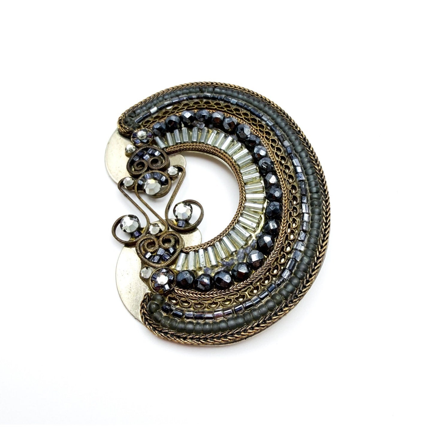 Signed Ayala Bar Brooch Baguette Rhinestone Curved Sconce Filigree Brooch