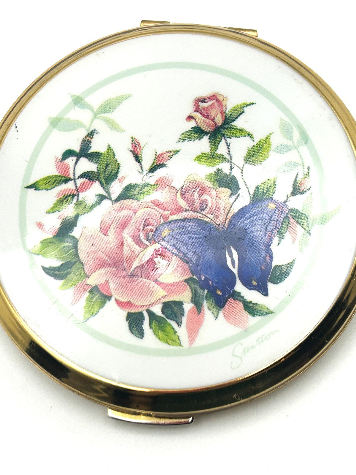 Vintage Stratton Floral Butterfly Powder Compact Gold Tone Mirror England