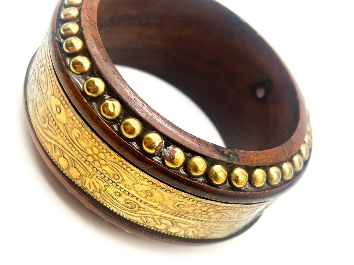 Vintage Dark Wood Brass Bangle Wide Floral Embossed Studded Statement Bracelet