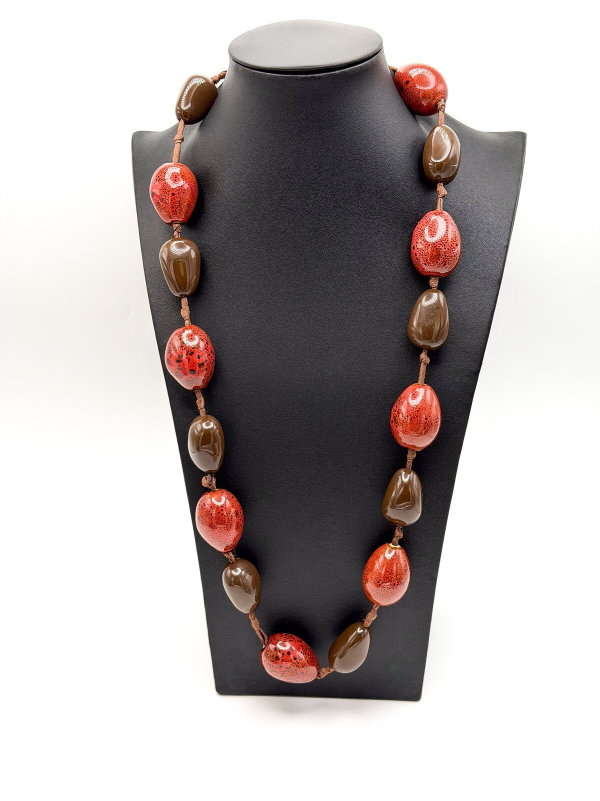 Chunky Red Ceramic & Brown Acrylic Long Statement Necklace – Heavy Cord Knotted