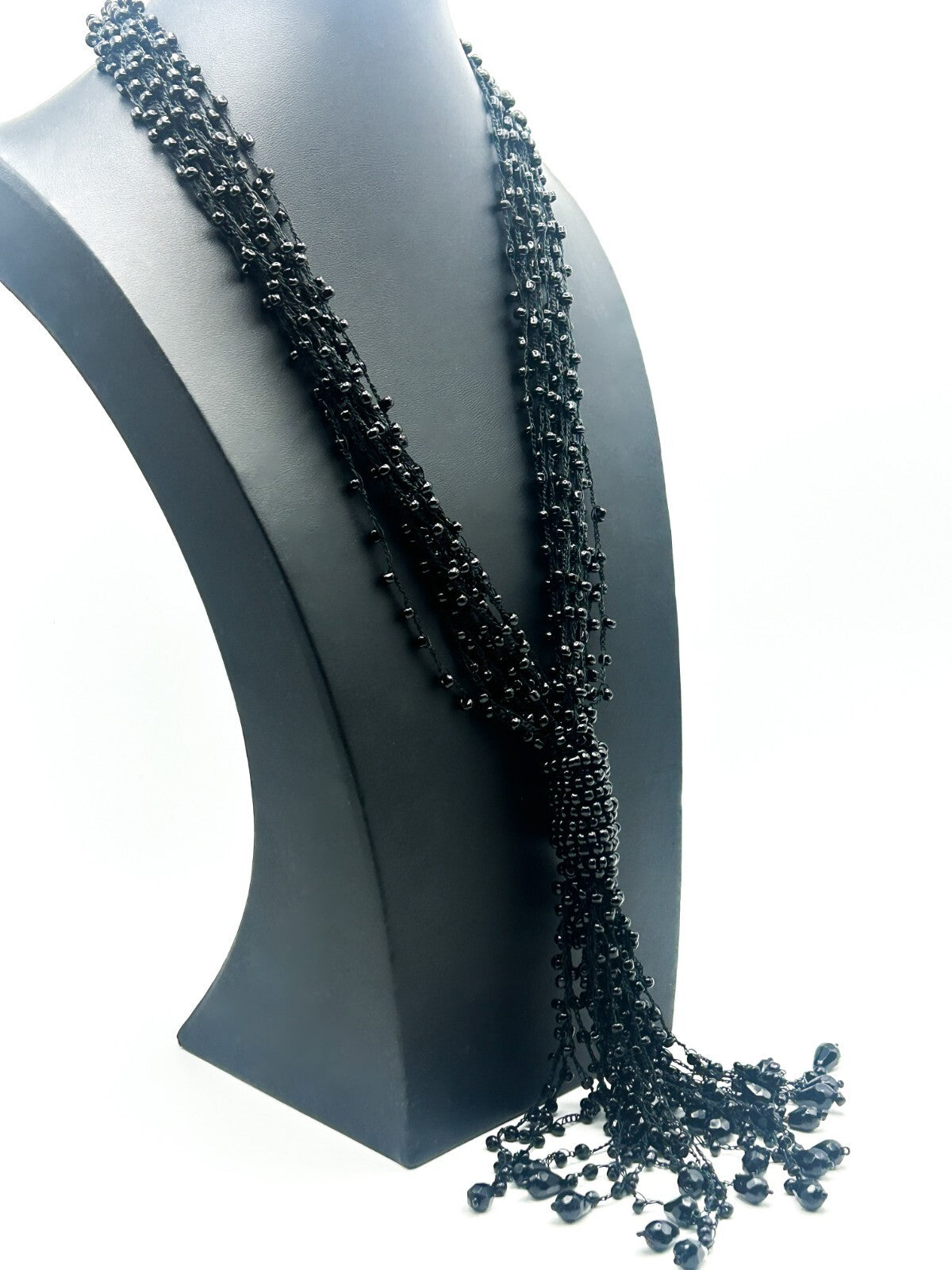 Black Multi Strand Beaded Tassel Necklace Statement Signed WS 25”