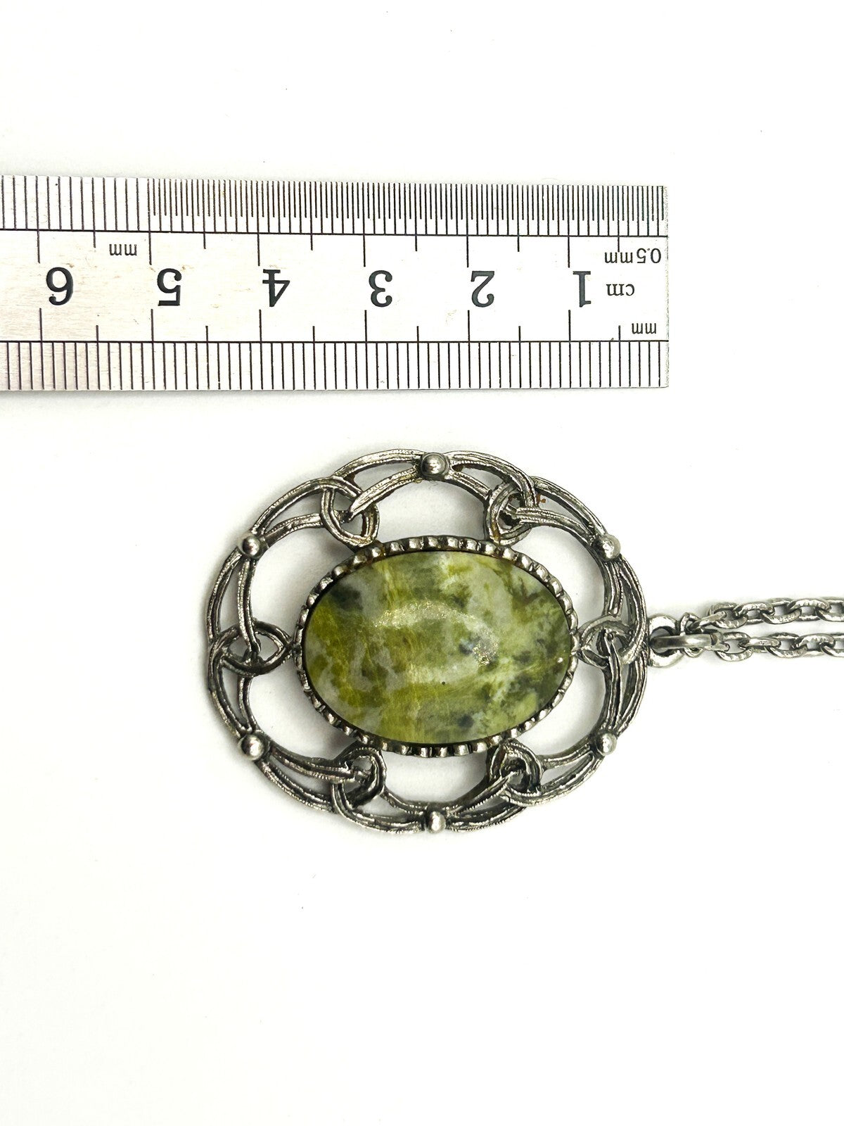 Vintage Silver Tone Openwork Pendant Necklace with Serpentine Cabochon