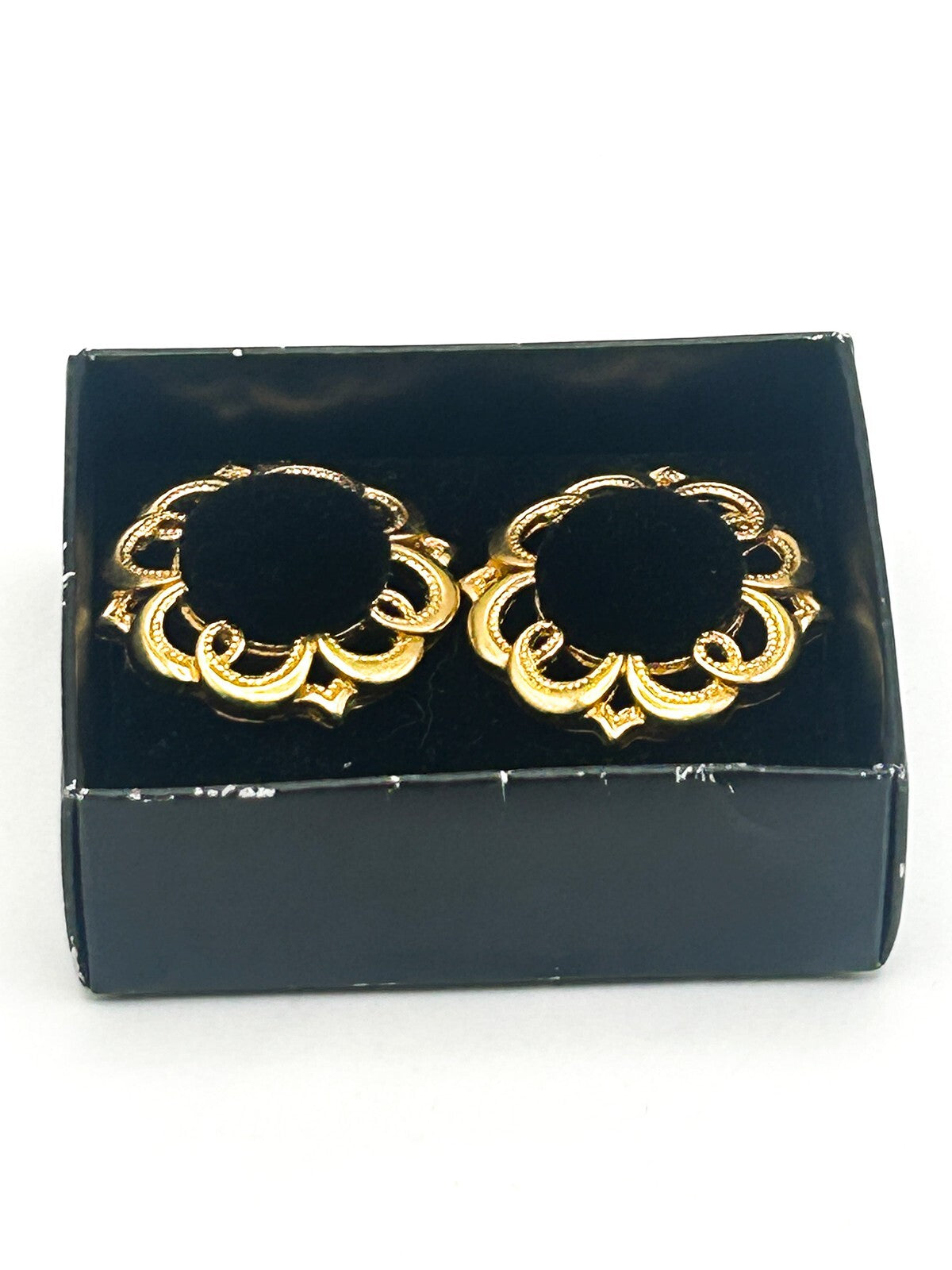 Black Velvet & Gold Tone Floral Stud Earrings – 3cm
