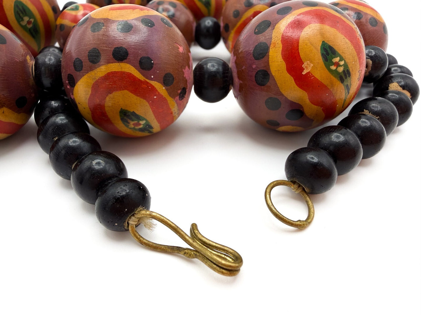 Graduated Hand-Painted Paisley Wooden Bead Necklace – Orange & Brown Tones