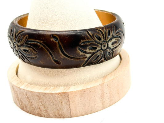 Vintage Carved Floral Organic Material Bangle Brown Boho Statement Bracelet