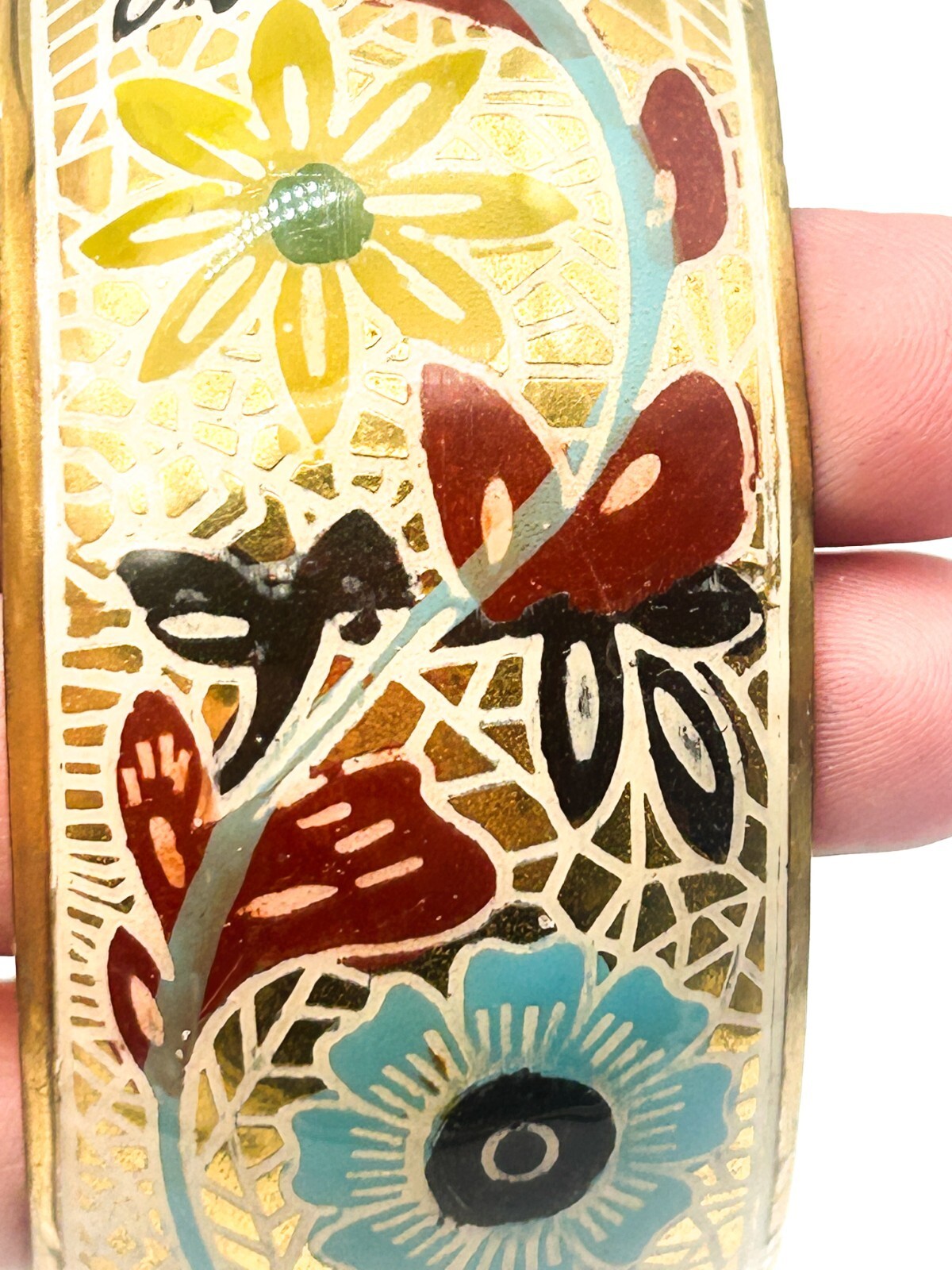 Vintage Brass Bangle Blue Red Painted Floral Statement Bracelet Gold tone Retro