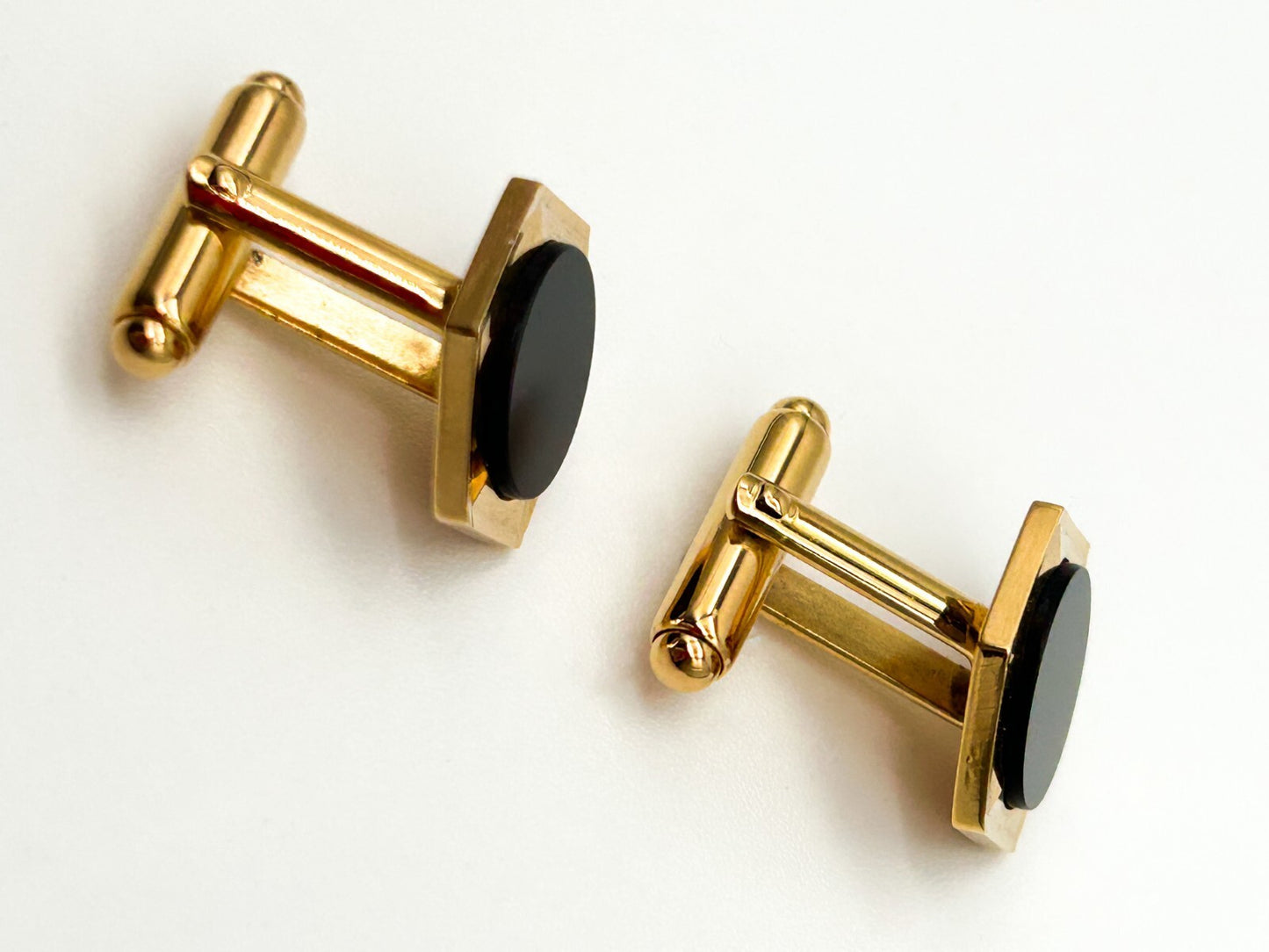 Vintage Gold Tone Black Glass Hexagonal Cufflinks Mens Formal Retro Smart