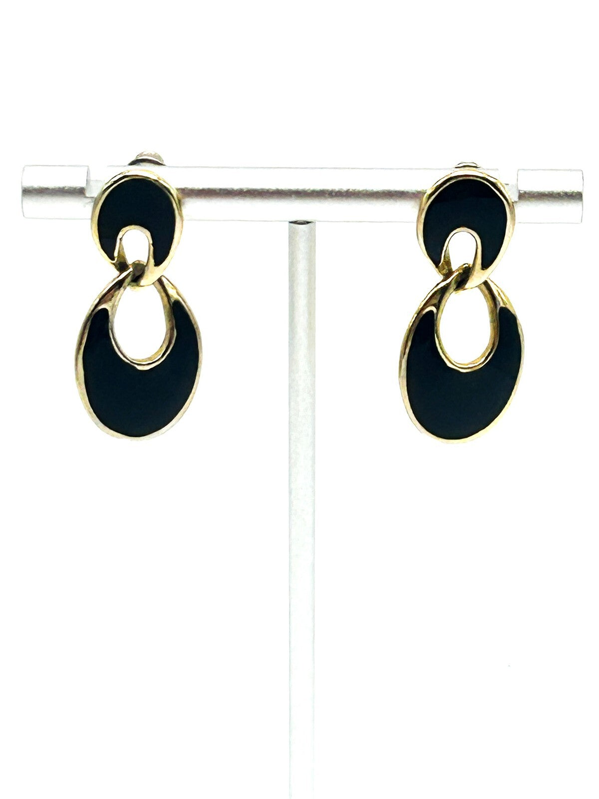 Vintage Black Enamel Interlocking Gold Tone Teardrop Stud Earrings