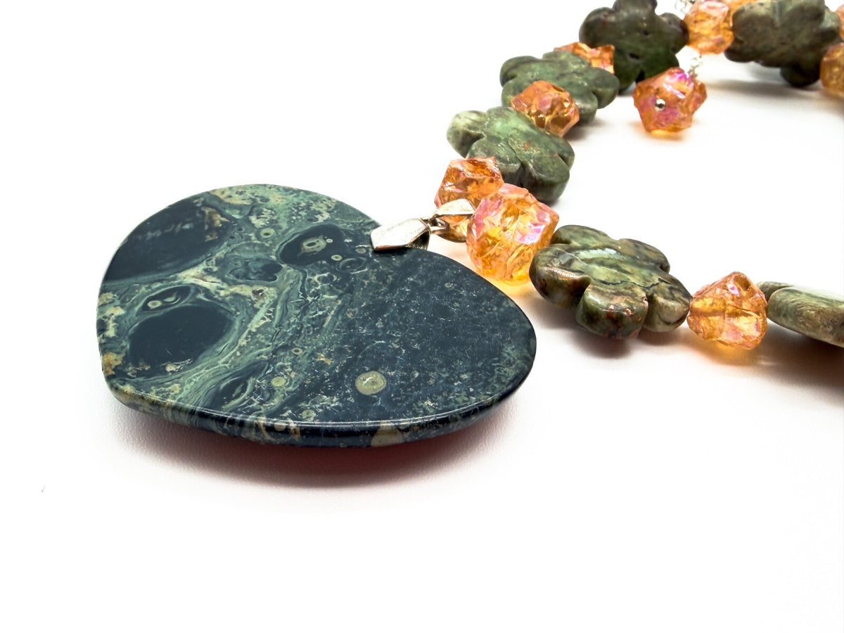 Serpentine Heart Necklace Jasper Bead Statement Chunky Green Pendant 17”