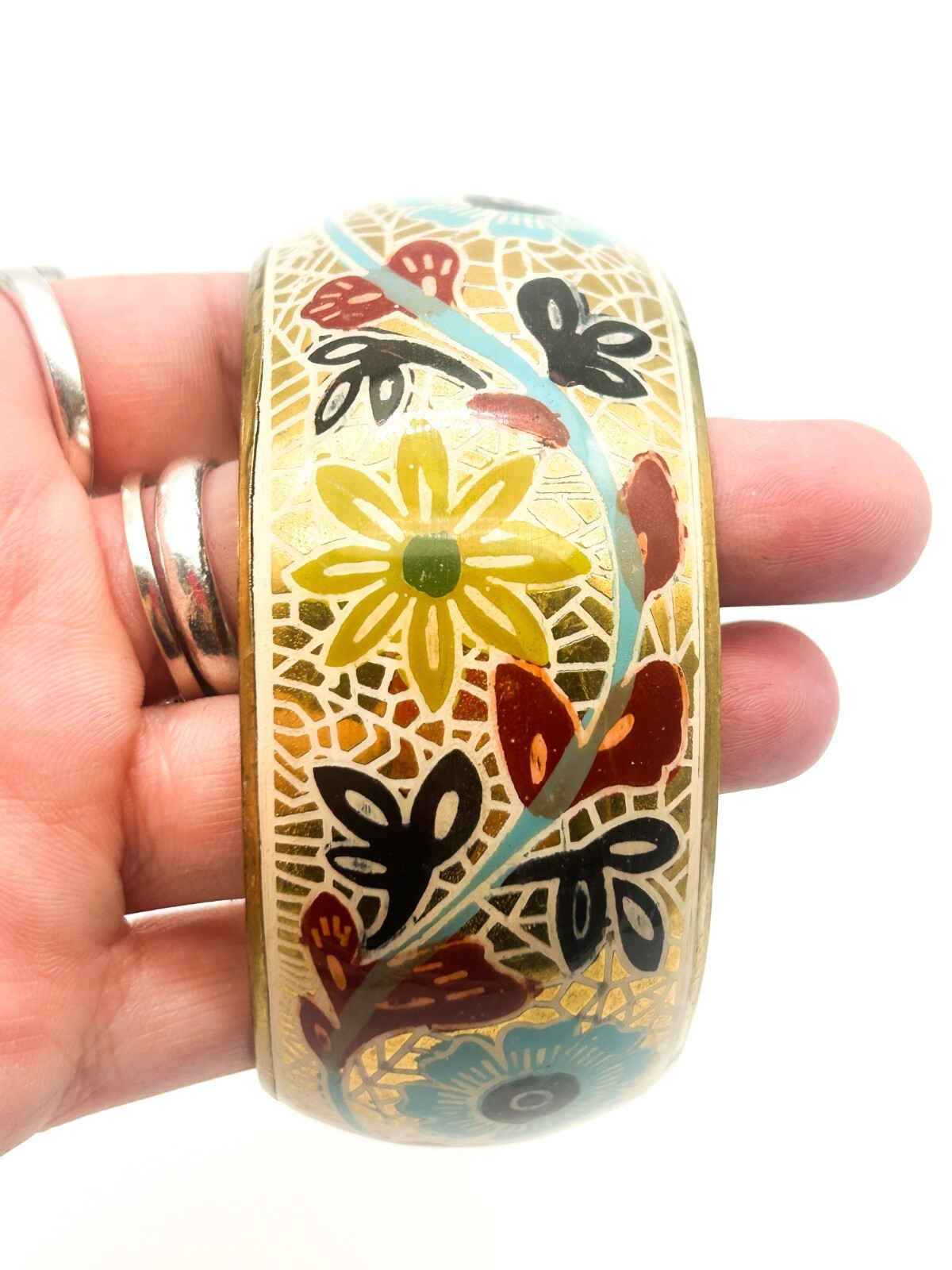 Vintage Brass Bangle Blue Red Painted Floral Statement Bracelet Gold tone Retro