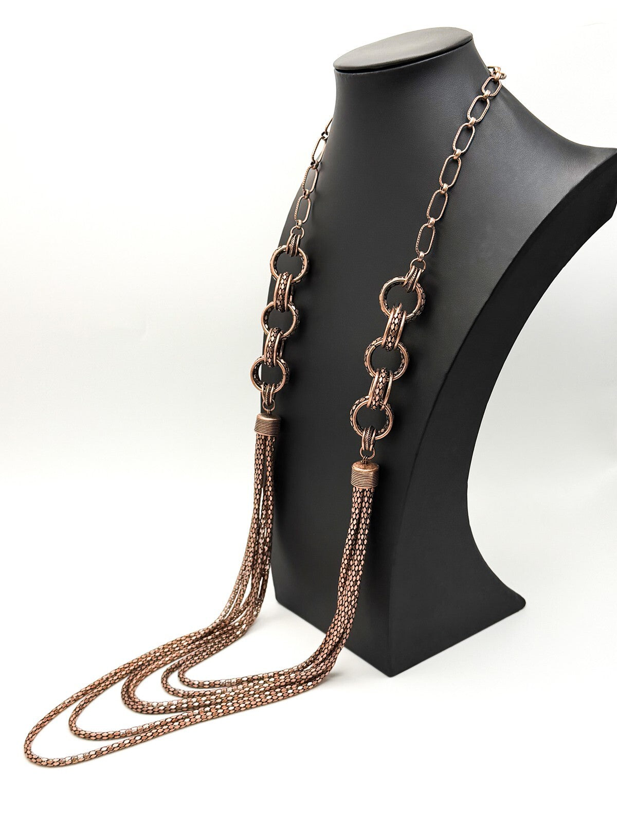 Bronze Tone Multi-Chain Statement Necklace – Paperclip & Mesh Layers, 37”