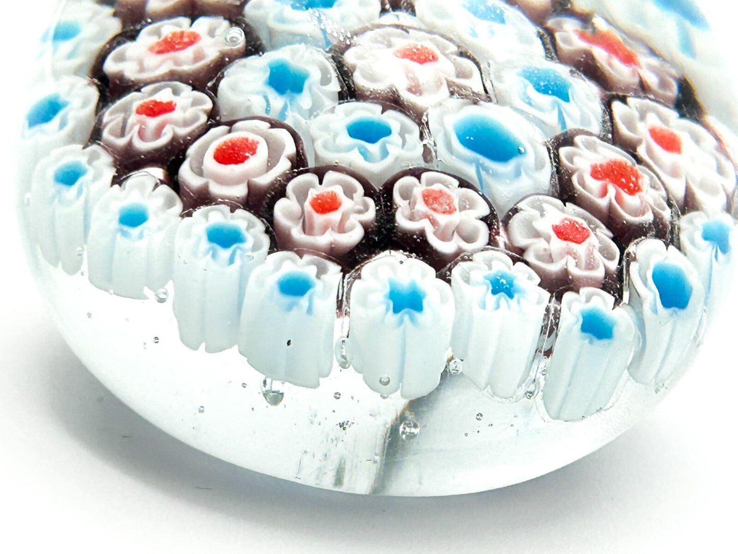 Vintage Millefiori Art Glass Paperweight Red White Blue Flower Floral Canes