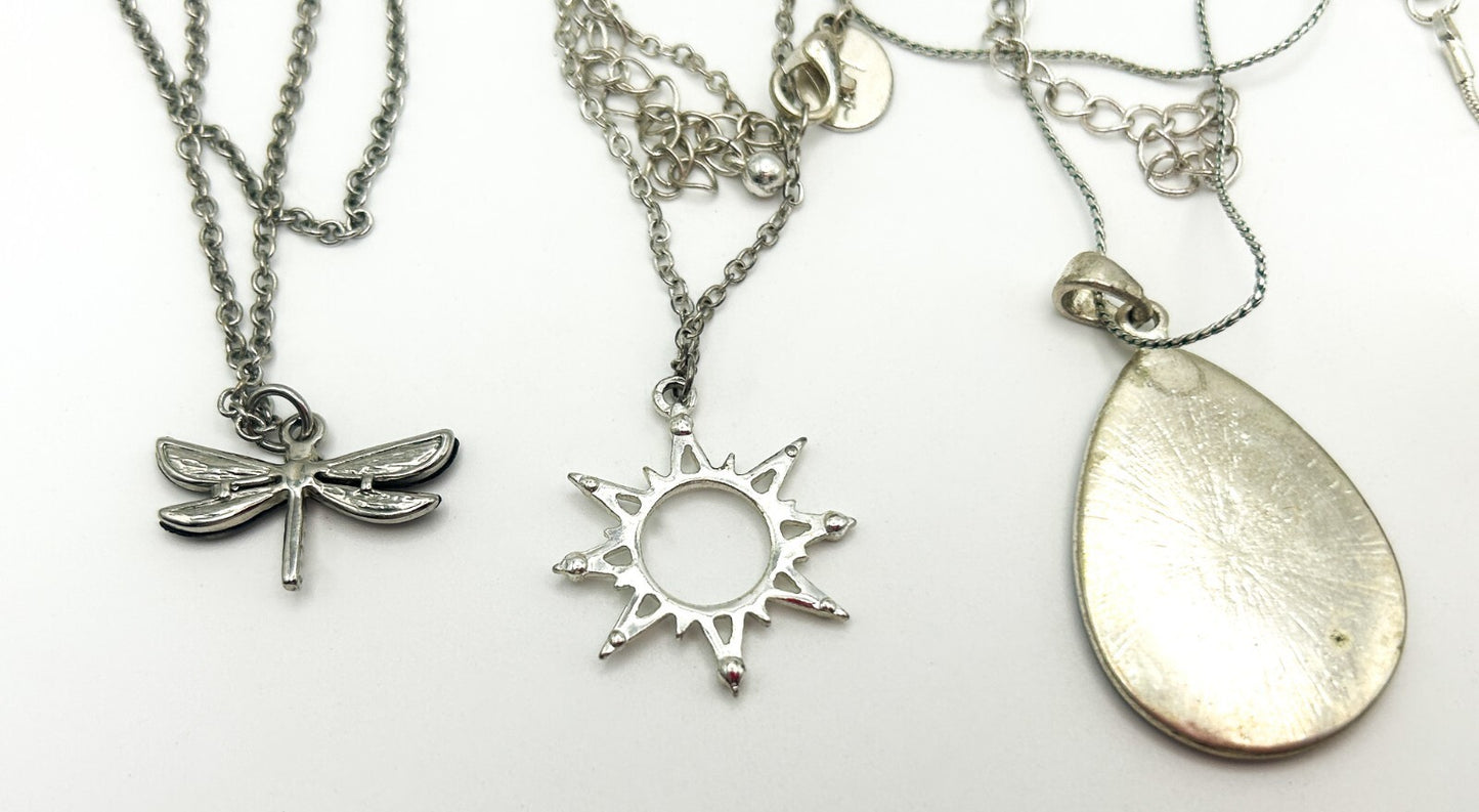 Silver Tone Pendant Necklace Bundle Dragonfly Sun Leaf Gemstone x5