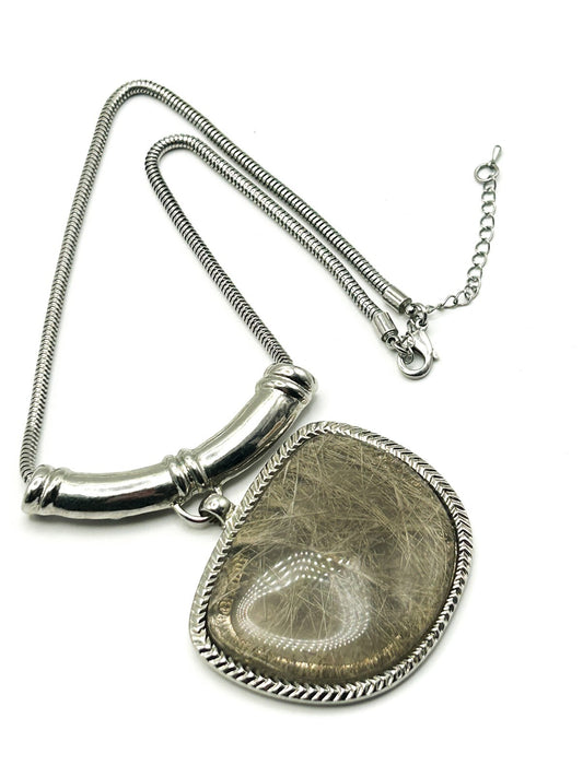 Silver Tone Statement Necklace with Faux Rutilated Quartz Pendant – 18.5”