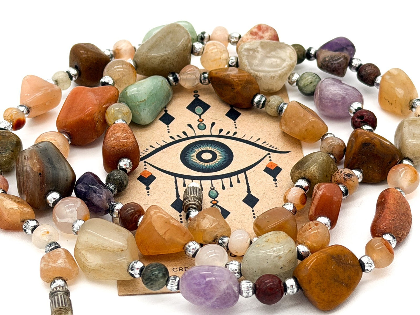 Vintage Mixed Gemstone Necklace Amethyst Citrine Jasper Quartz Nugget Strand 31”
