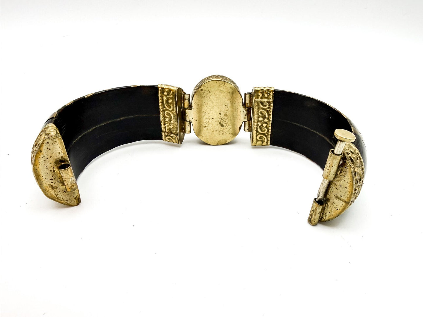 Vintage Horn, Brass and Agate Cuff, appx 18.5cm - red stone, gemstone, hinged