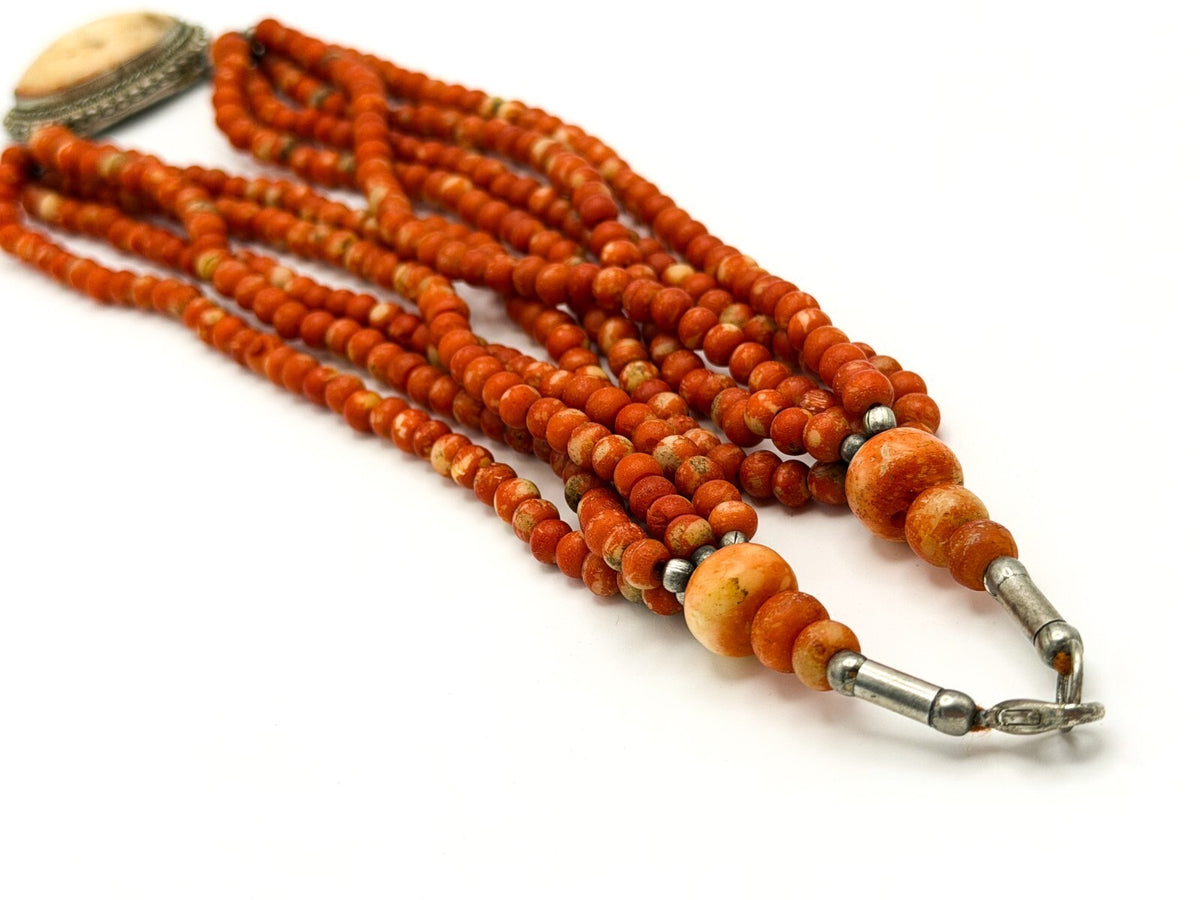 Multi Strand Red Coral Bead Necklace Ornate Oval Pendant 19 Inch Statement