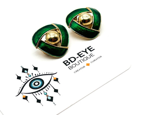 Vintage Gold Tone Green Enamel Knot Clip On Earrings – Late 80s / Early 90s