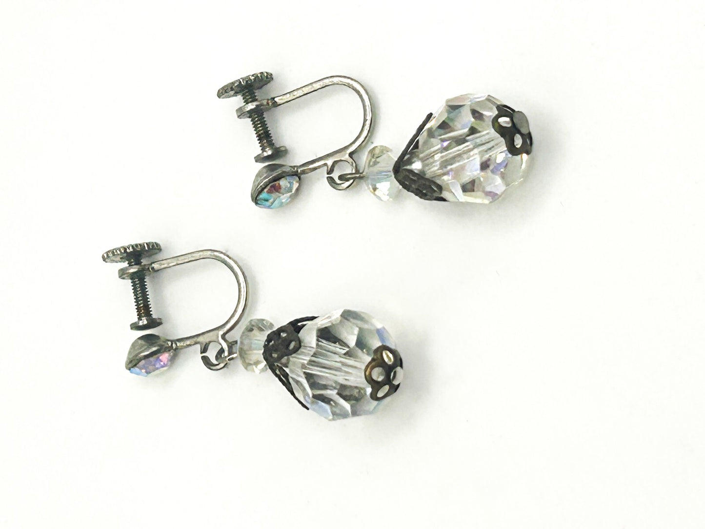 Vintage AB Crystal Glass Drop Earrings – Silver Tone Screw Back