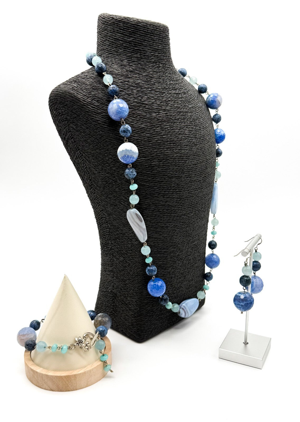 Chunky Blue Agate Beaded Necklace Bracelet Earrings Set Artisan Style