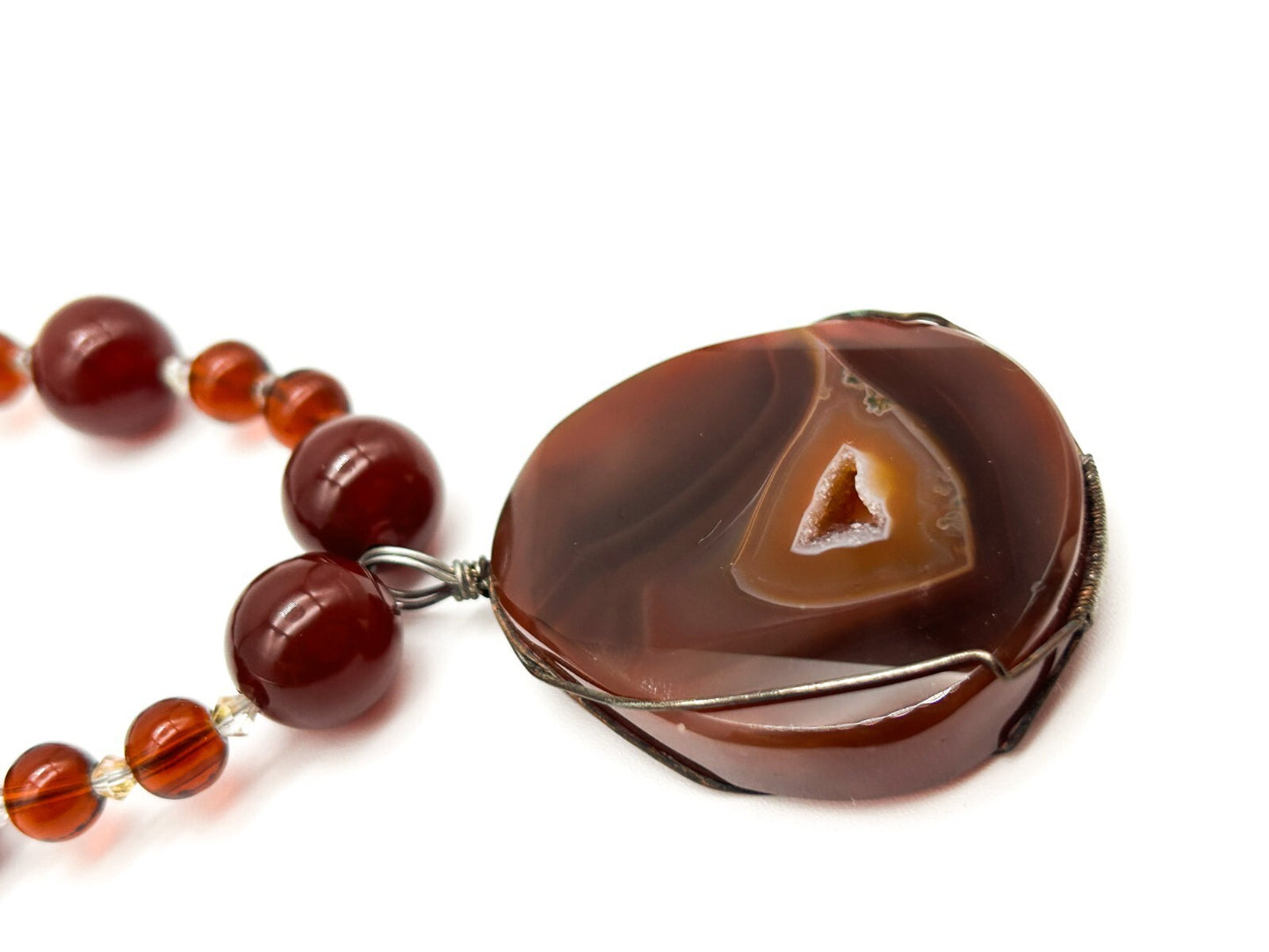 Carnelian Agate Pendant Necklace Quartz Inclusion Geode Artisan Gemstone  Boho