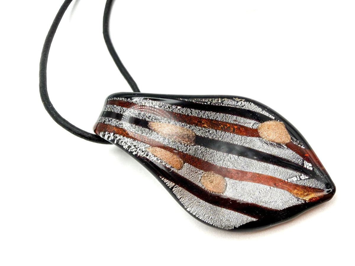 Silver, Copper Tone & Black Dichroic Art Glass Murano-style Pendant Necklace
