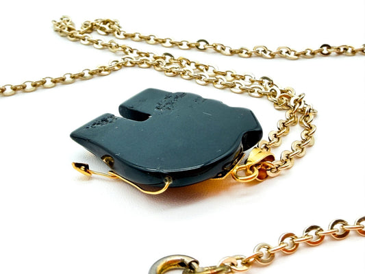 Vintage Black Onyx Elephant Pendant Necklace Gold Tone Oriental Style Detail