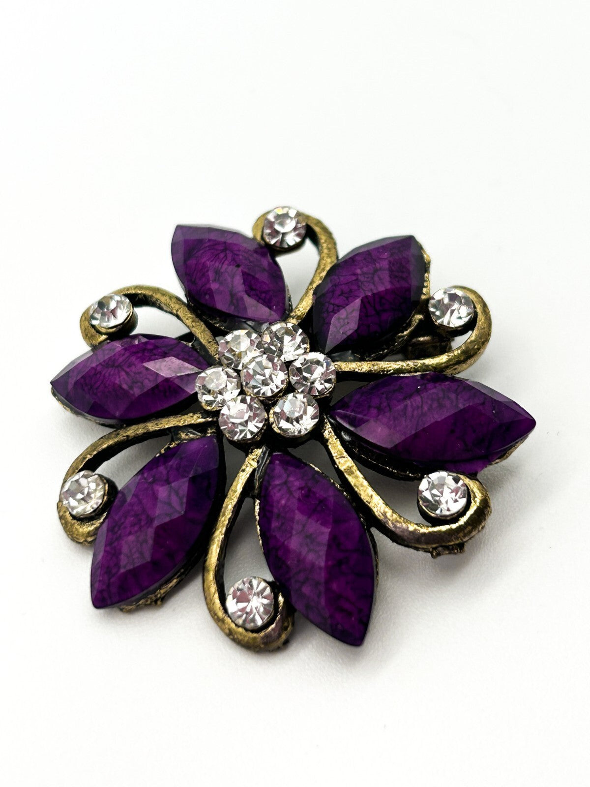 Vintage Floral Rhinestone Brooch Trio Purple Green Crystal Pins Bundle