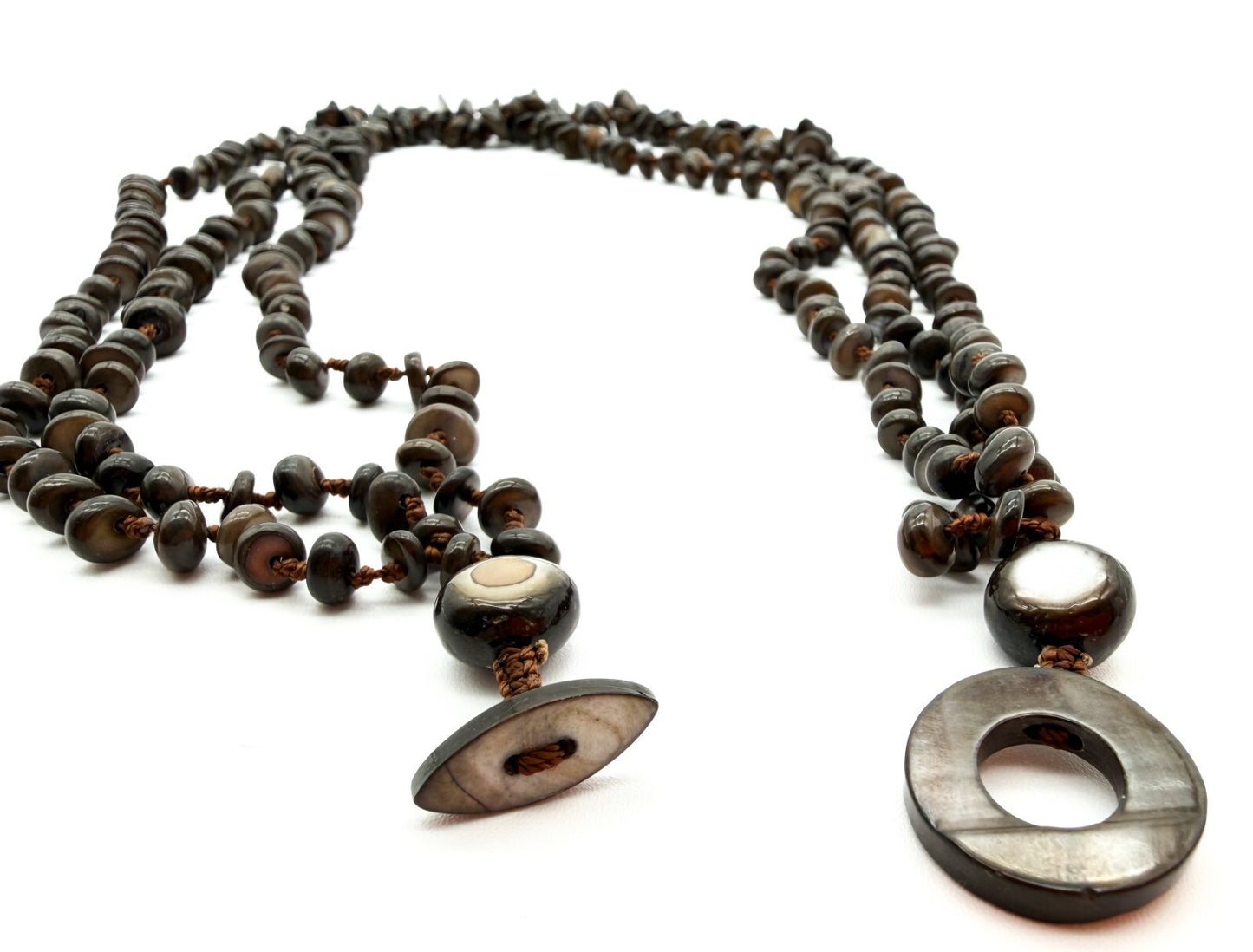 Hand Knotted Shell Chip Necklace Brown Layered Boho Necklace