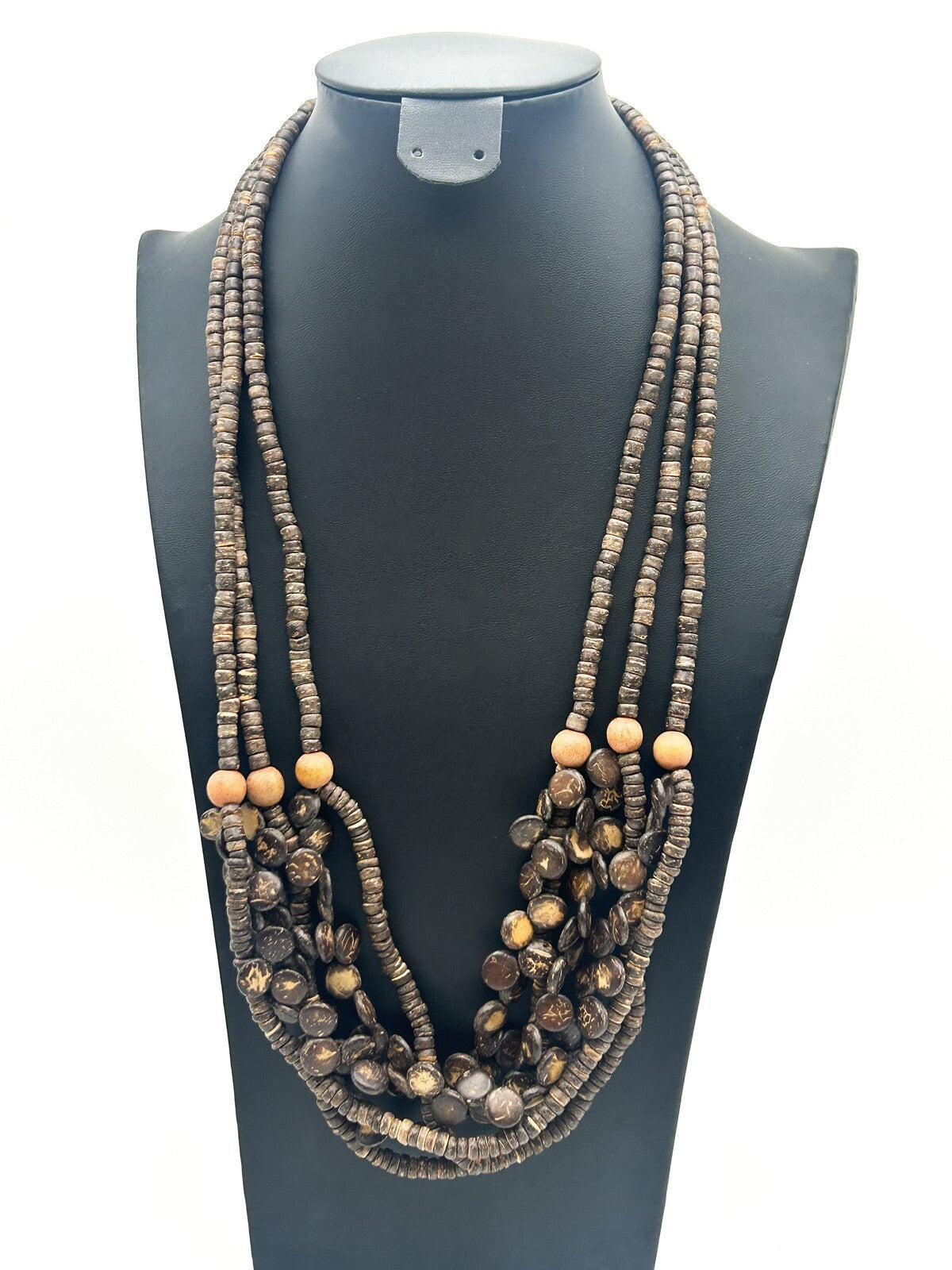 Natural Organic Coconut Shell Discs Layered Necklace Wood Accent Beads
