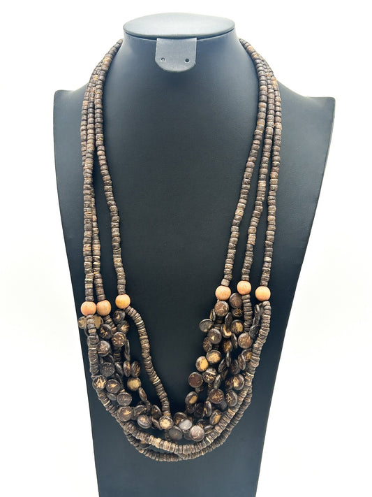 Natural Organic Coconut Shell Discs Layered Necklace Wood Accent Beads