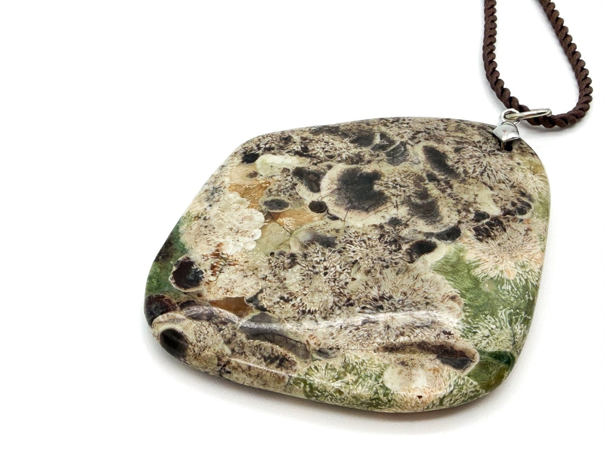Ocean Jasper Large Pendant Necklace Brown Cord 16” Semi Precious Green
