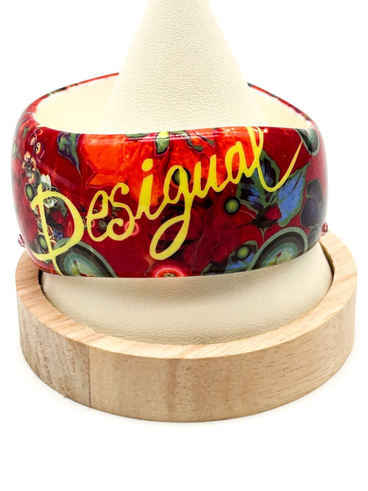 Desigual Floral Acrylic Bangle Red Orange Rhinestone Wavy Statement Bracelet