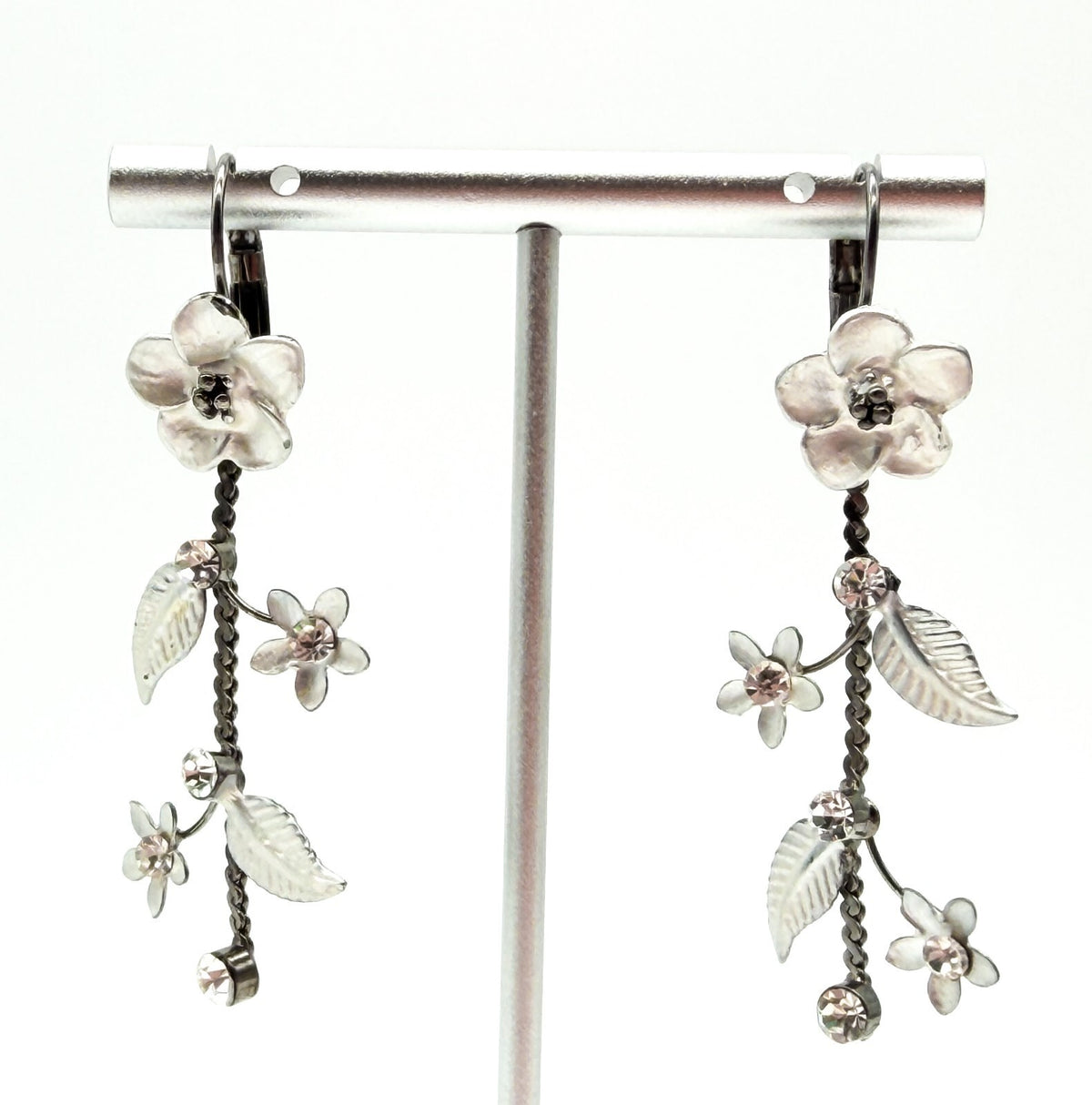 Y2K Floral Drop Earrings Silver Enamel Rhinestone Gunmetal Chain