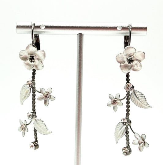 Y2K Floral Drop Earrings Silver Enamel Rhinestone Gunmetal Chain