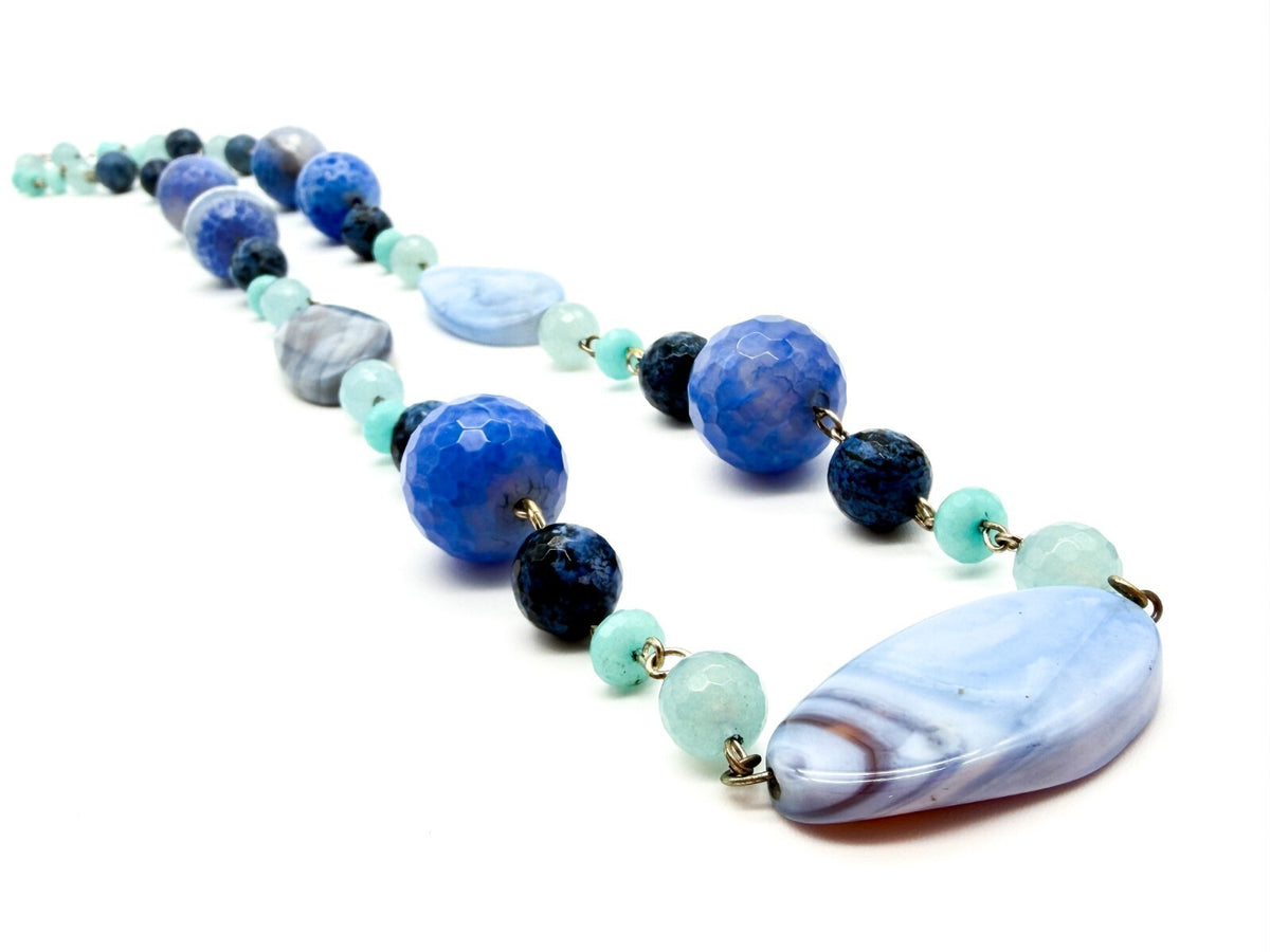 Chunky Blue Agate Beaded Necklace Bracelet Earrings Set Artisan Style