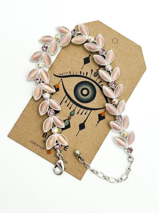 Pink Cat’s Eye Leaf Petal Bracelet Silver Tone AB Crystal Marquise