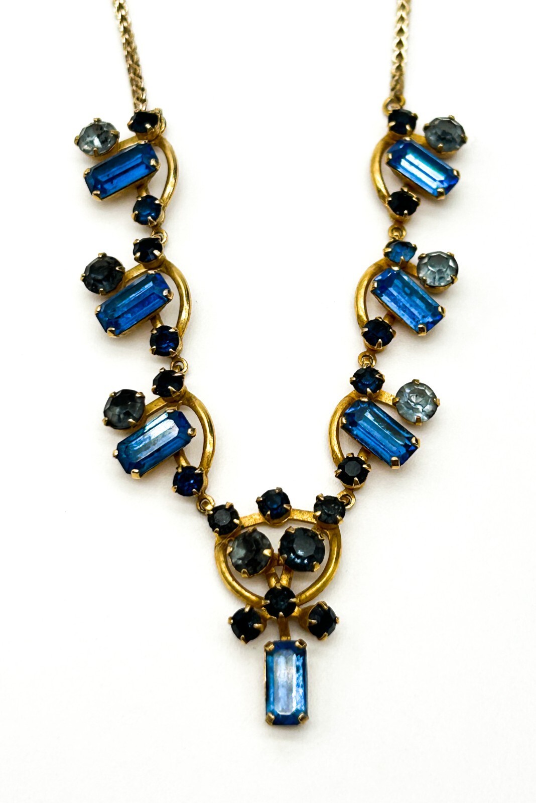 Vintage Blue Rhinestone Necklace Gold Tone Baguette Crystal Statement 1930s-50s