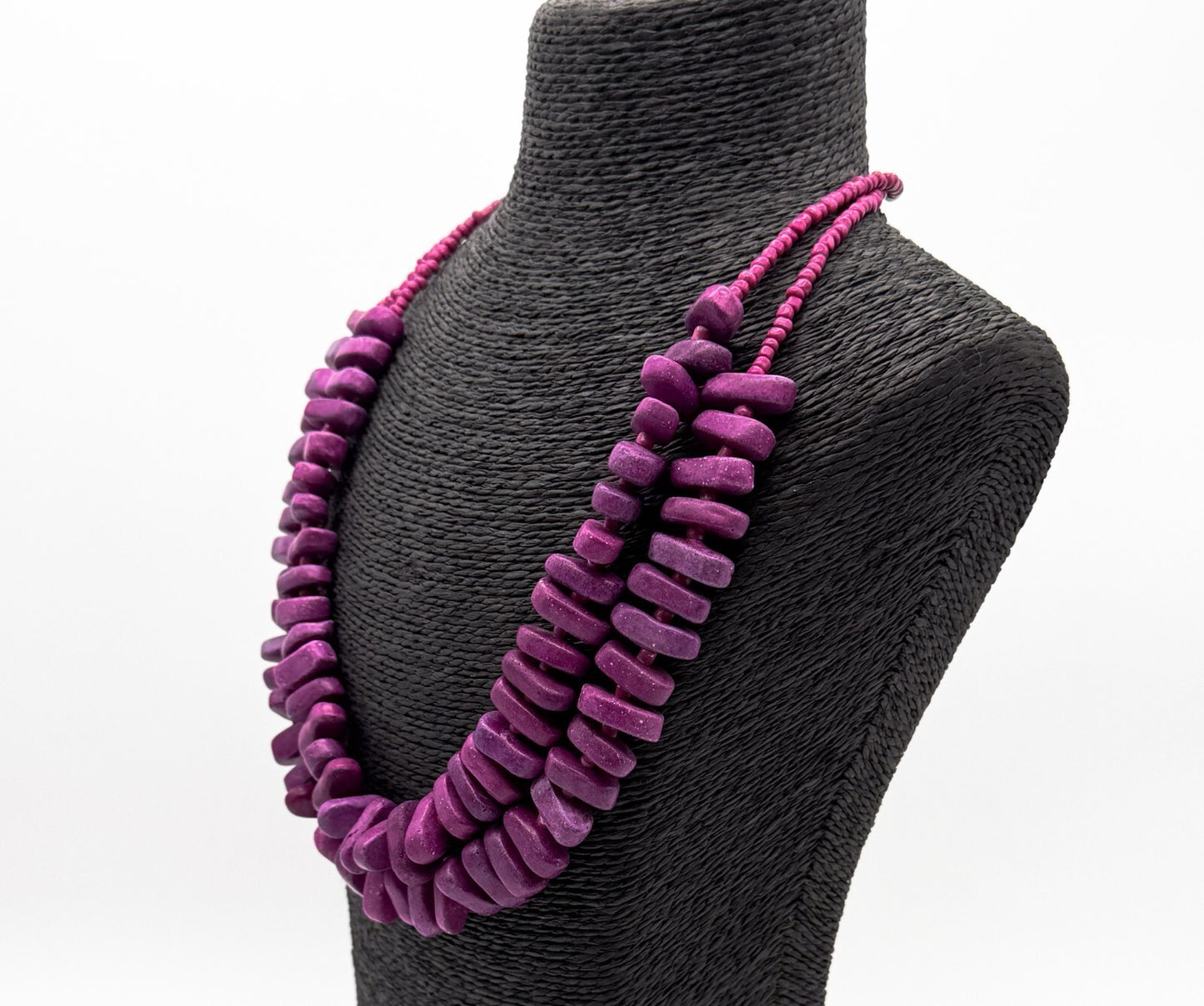 Dyed Purple Stone Chunky Statement Necklace Double Strand Magenta Beads Summer